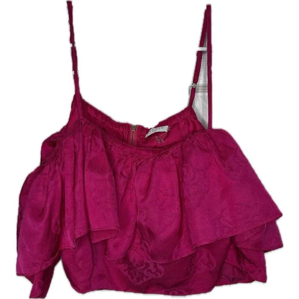 Sandro Hally Jacquard Ruffled Crop Top Pink Cold Shoulders Size 4 Small - Picture 2 of 7